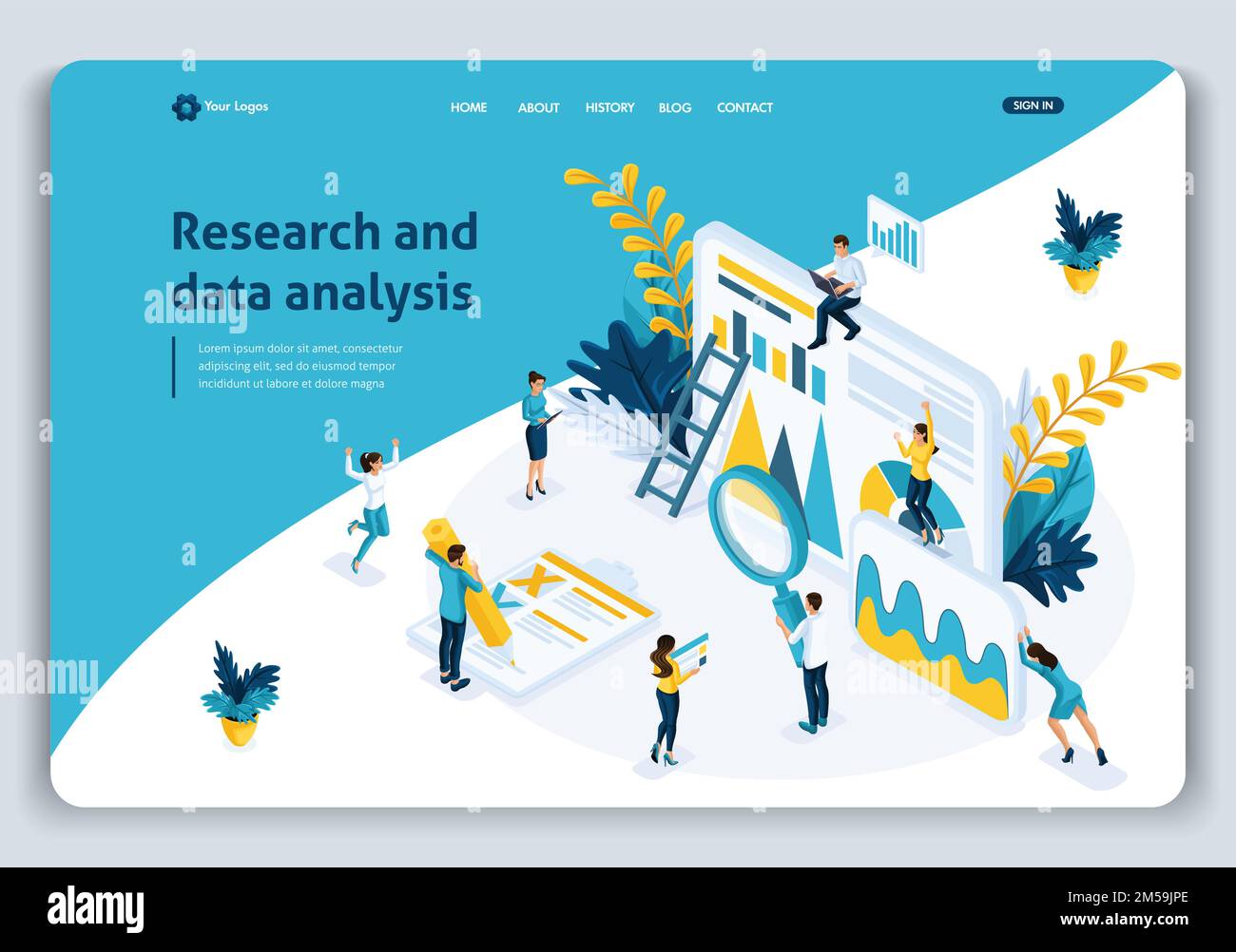 Website-Vorlage Landing page Isometrisches Konzept Geschäftsanalyse, beste statistische Tools für Forschung und Datenanalyse. Einfach zu bearbeiten und anzupassen. Stock Vektor