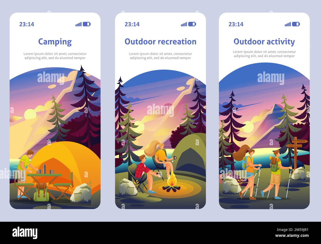 Seitenvorlage Mobile App.Aktive Erholung im Wald. Wählen Sie einen geeigneten Urlaub, Camping, Wandern, Fahrräder rund um das Lagerfeuer. Flache 2D-Zeichen-Anzeige. Stock Vektor