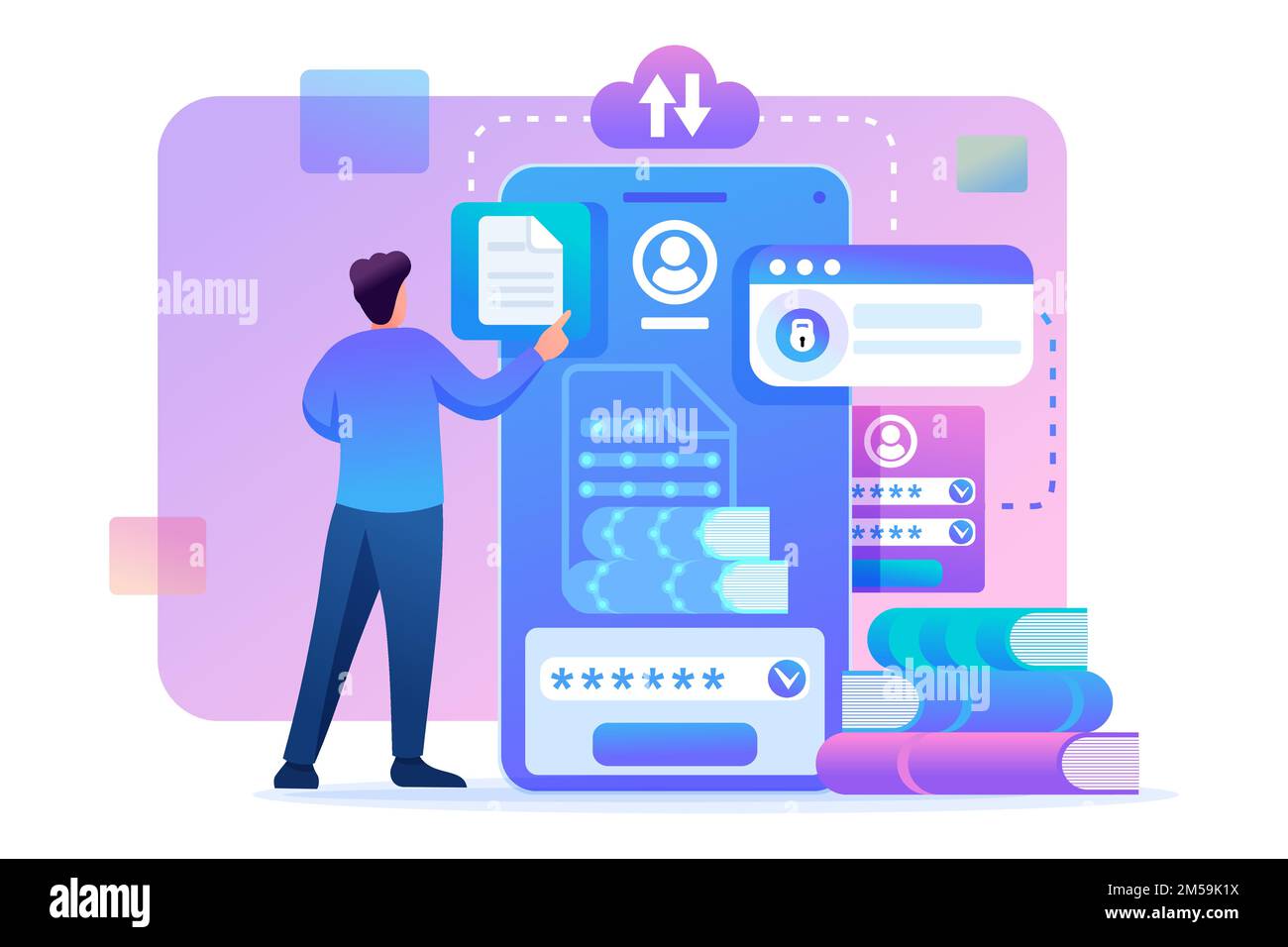 Junger Mann lädt E-Books auf sein Smartphone herunter. Flache 2D-Zeichen. Konzept für Webdesign. Stock Vektor