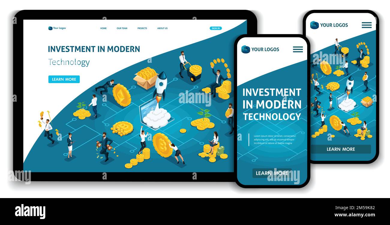 Website-Vorlage Landingpage Isometrisches Konzept Investitionen in moderne Technologie tragen Investoren Geld zur Investmentgruppe. Einfach zu bearbeiten und anzupassen Stock Vektor