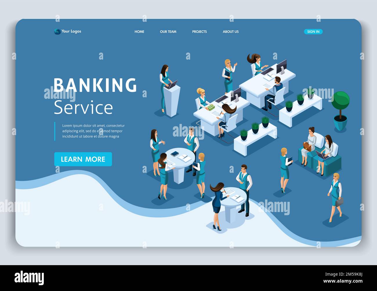 Website-Vorlage Landingpage Isometrisches Konzept Bankservice, Kundenservice. Einfach zu bearbeiten und anzupassen. Stock Vektor