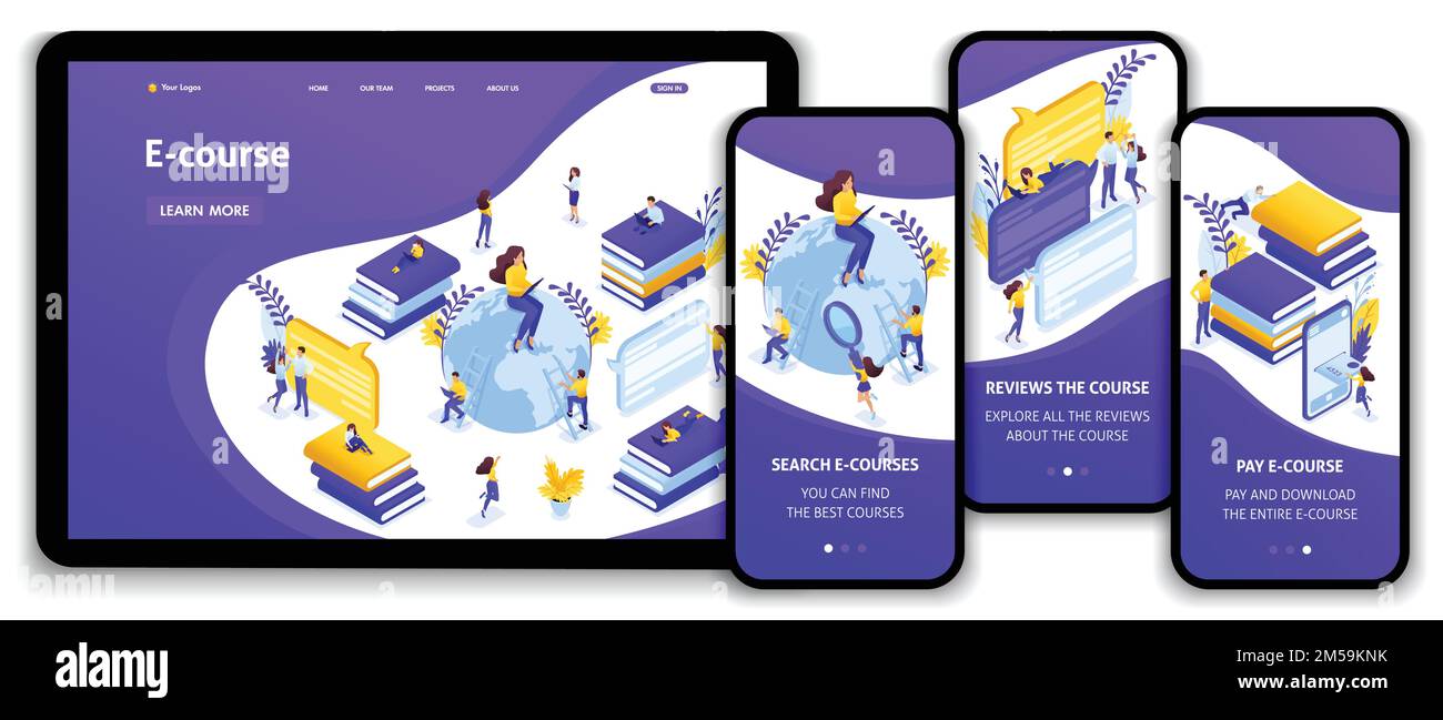 Website-Vorlage Landing Page Isometrisches Konzept Suche nach den besten E-Kursen und Online-Lernprozessen. Einfach zu bearbeiten und anzupassen, anpassungsfähige benutzeroberfläche. Stock Vektor
