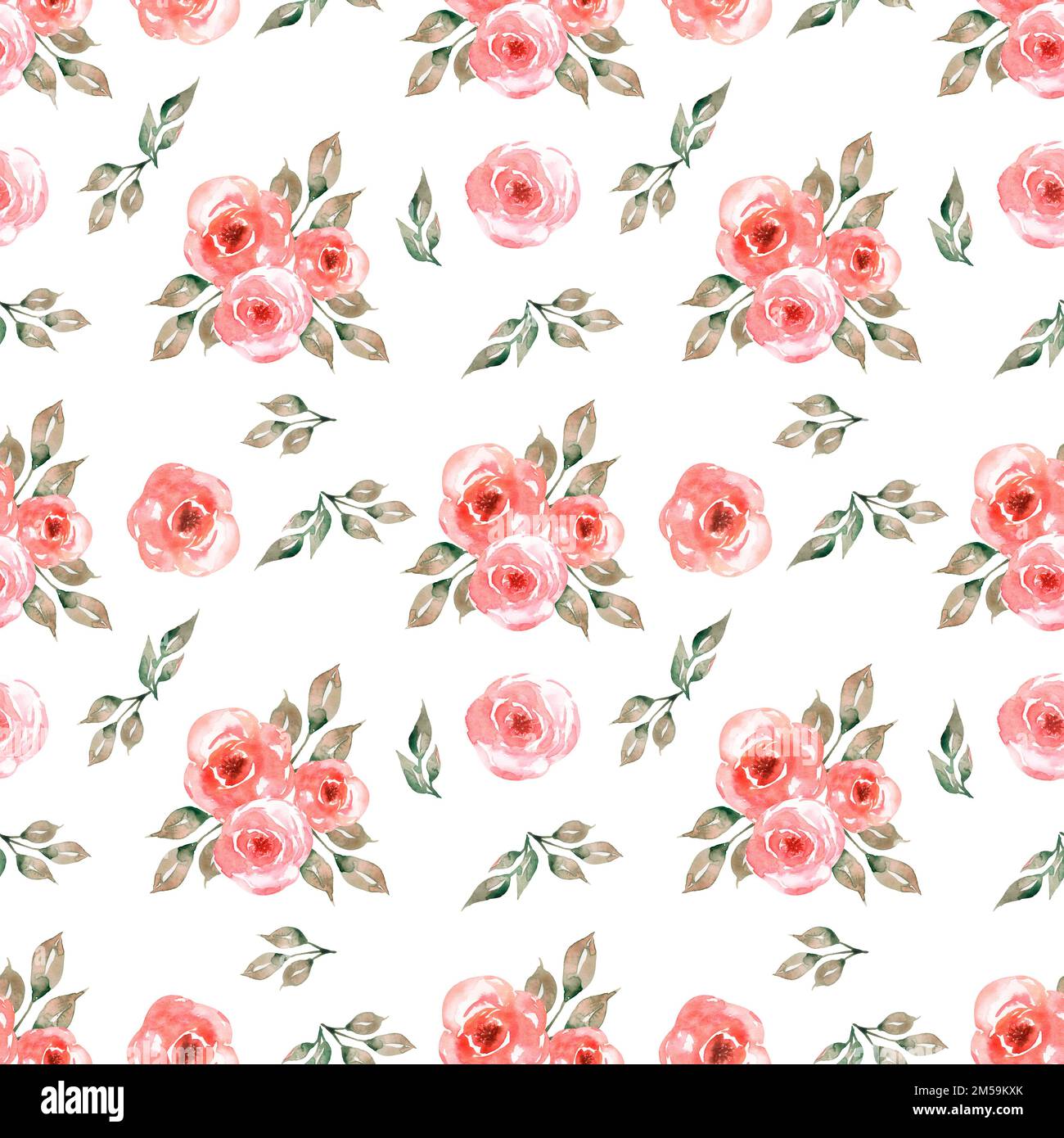 Nahtloses Aquarellmuster mit zarten Blumen in roten und grauen grünen Blättern. Handgemalte Muster mit Blumen und Grün. Stockfoto