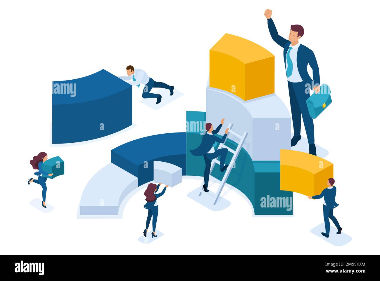 Isometrische Daten für Analysen, Diagramme erstellen, Geschäftsleute tragen Informationen. Konzept für Webdesign. Stock Vektor