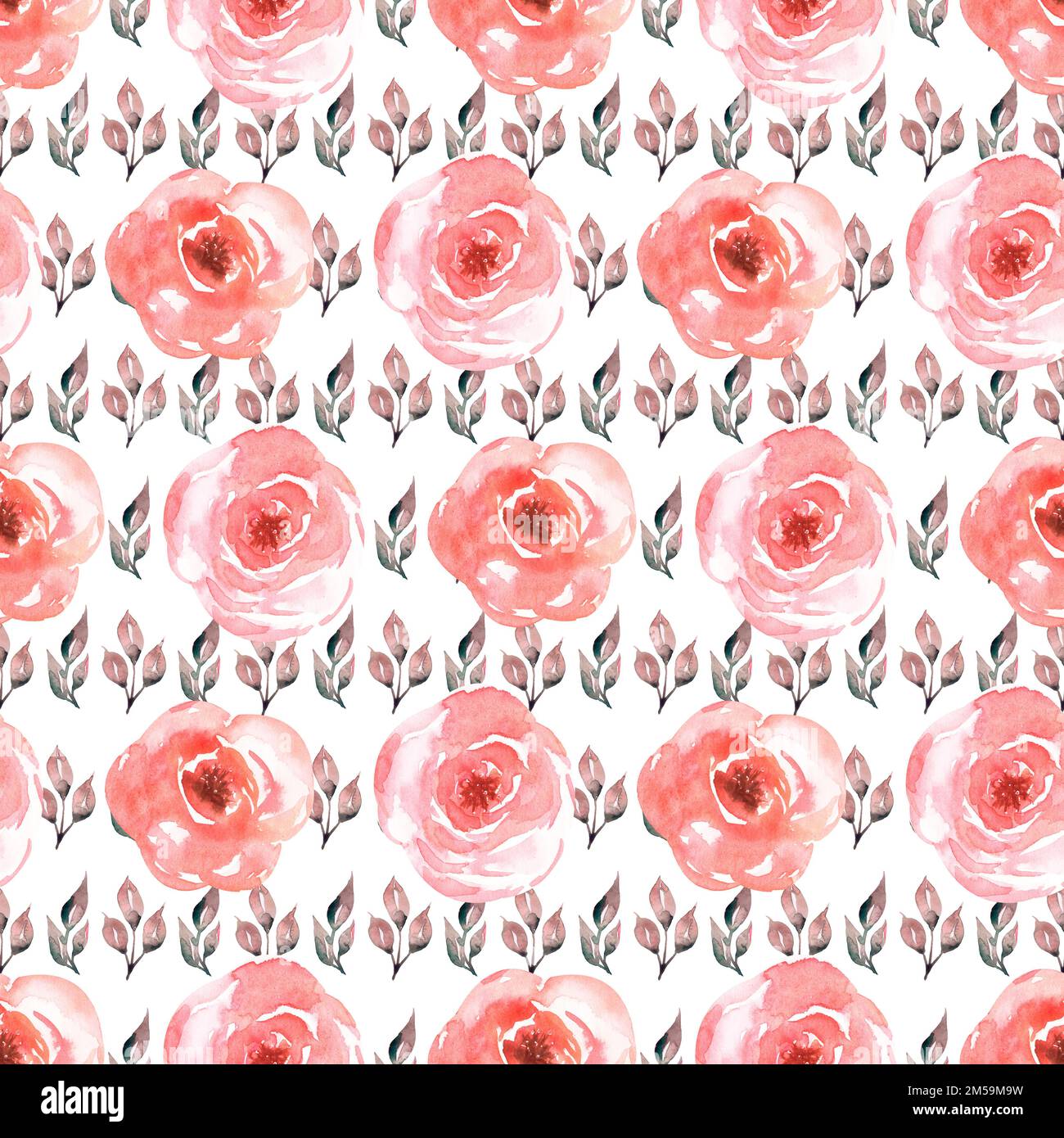 Nahtloses Aquarellmuster mit Blumen in rosa Rot. Handgezeichneter Druck mit zarten Blumen und Blättern. Stockfoto