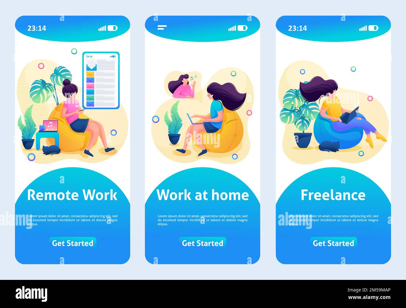 Mobile App-Design, Vorlage. 2D Zeichen. Das Mädchen arbeitet an einem entfernten Arbeitsplatz, zu Hause. Stock Vektor