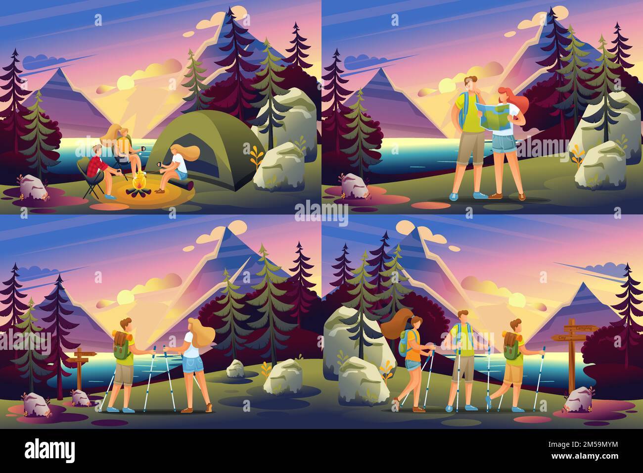 Set 2D Flat Konzepte der aktiven Erholung von Menschen im Wald, Camping. Für Konzept für Webdesign. Stock Vektor