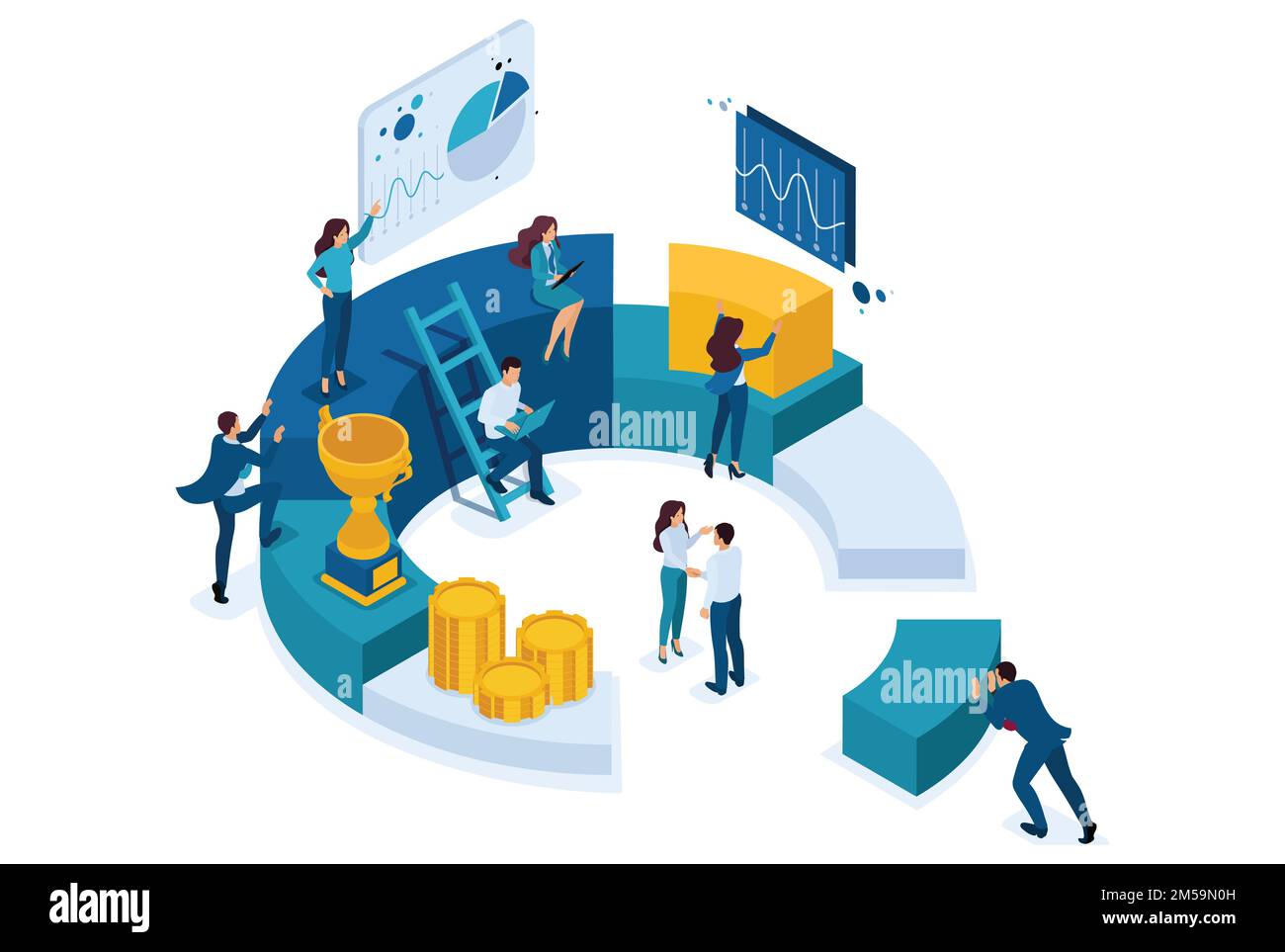 Isometrische Geschäftsleute schreiben einen Bericht über digitales Marketing. Konzept für Webdesign. Stock Vektor