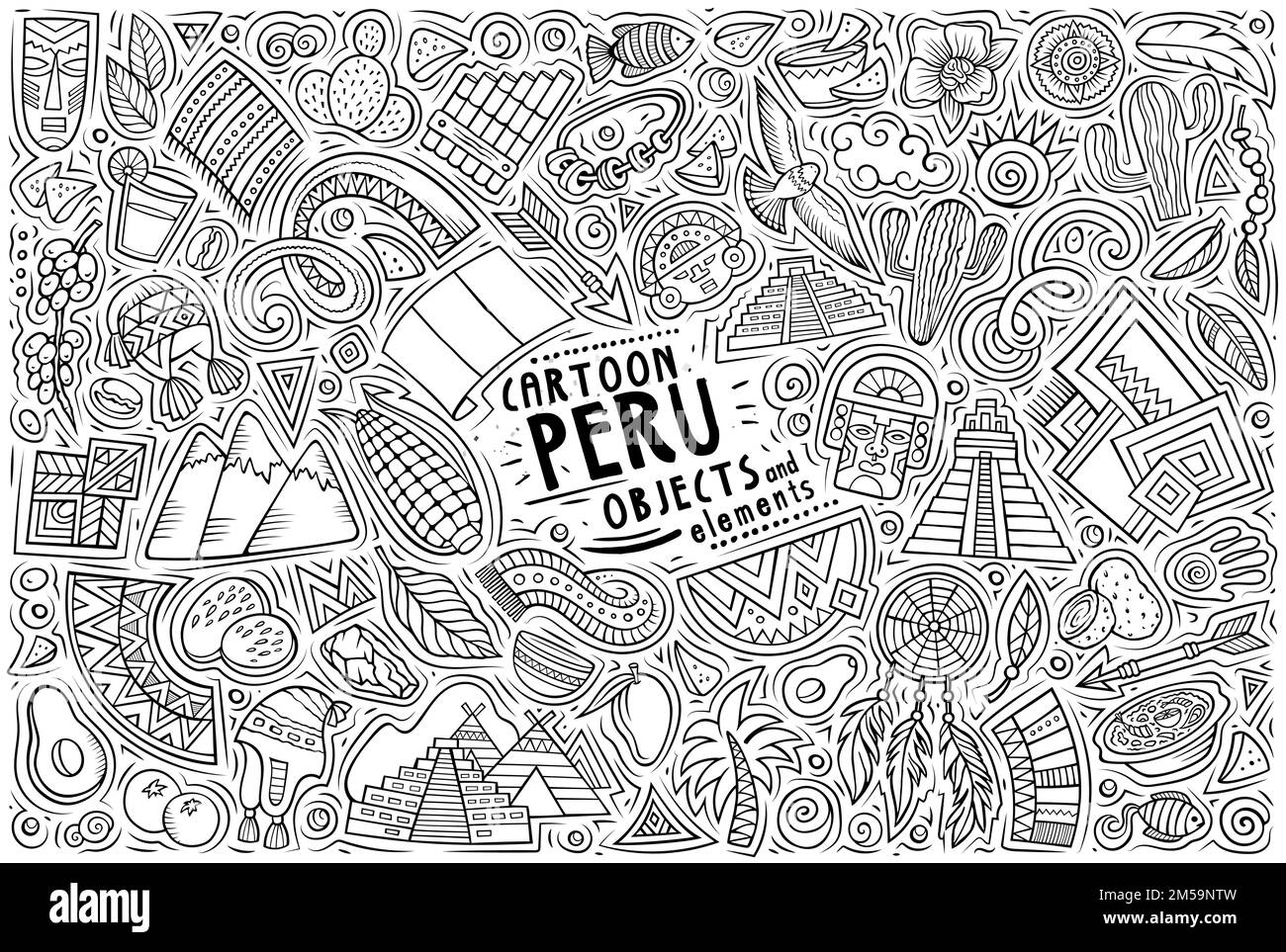 Ein Satz traditioneller Symbole und Objekte in Peru Stock Vektor