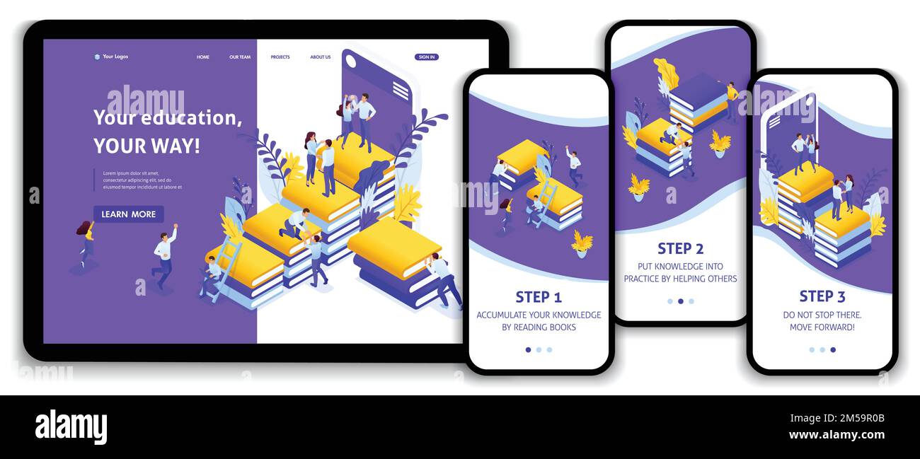 Website-Vorlage Landing Page Isometrisches Konzept für E-Learning, Schulung Ihr Wissen Ihr Erfolg. Einfach zu bearbeiten und anzupassen, anpassungsfähige benutzeroberfläche. Stock Vektor