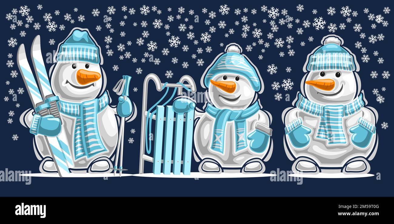 Vektorset mit süßen Schneemännern, Sammlung von 3 ausgeschnittenen, blau lächelnden Schneemanns in Fäustlingen mit Karottennasen, Schlitten und Sportskiern, gestrickten Schals und Mod Stock Vektor