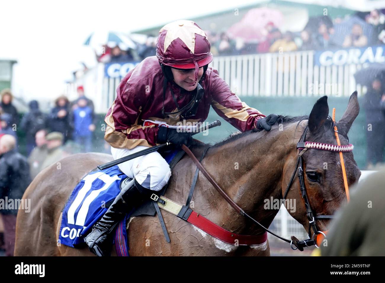 Die beiden Amigos, die von David Prichard gefahren wurden, nachdem sie den Coral Welsh Grand National Handicap Chase auf der Rennbahn Chepstow, Monmouthshire, gewonnen hatten. Foto: Dienstag, 27. Dezember 2022. Stockfoto