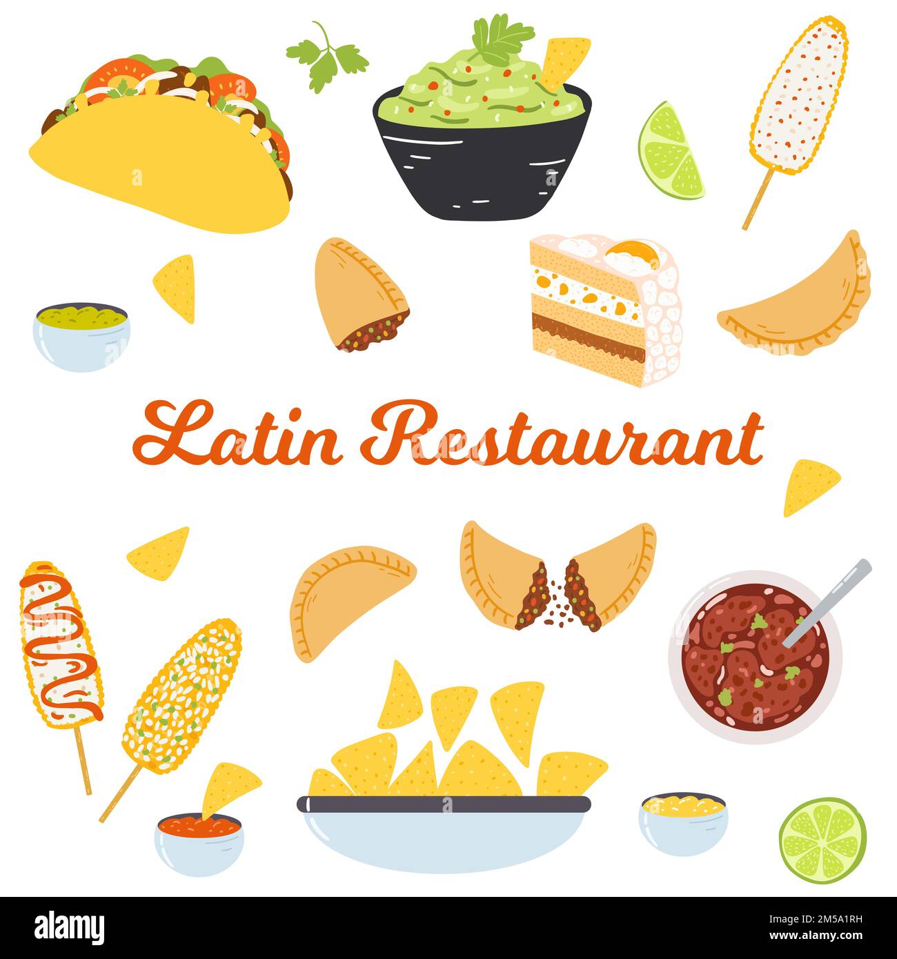 Restaurantvorlage für Lateinamerika für Website, Menü, Poster. Traditionelle lateinamerikanische Gerichte in handgezeichneter, flacher folkloristischer Küche. Stock Vektor