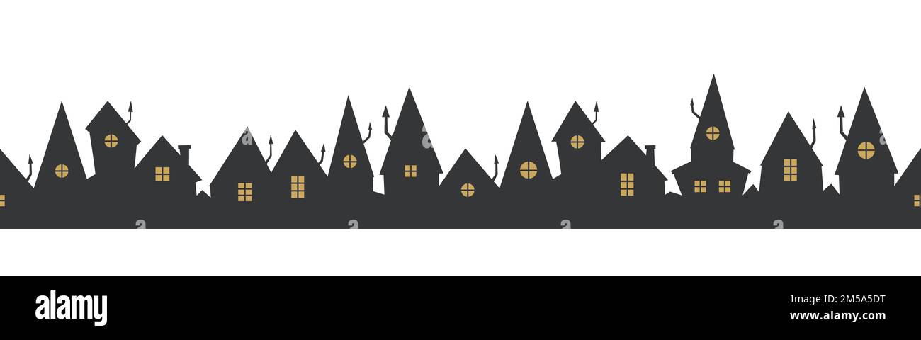 Black House Row nahtloser Rahmen. Schwarze Silhouette von Vector City auf weißem Hintergrund. Stock Vektor