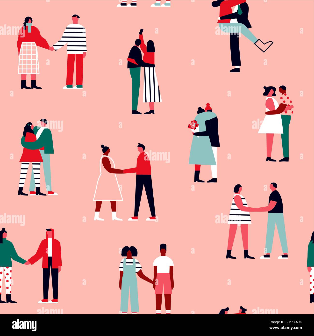 Niedliche Paare Cartoon nahtlose Muster. Winzige Menschen Menge in der Liebe, romantische Beziehung Konzept Hintergrund für Valentinstag Tag Urlaub Tapete drucken. Stock Vektor