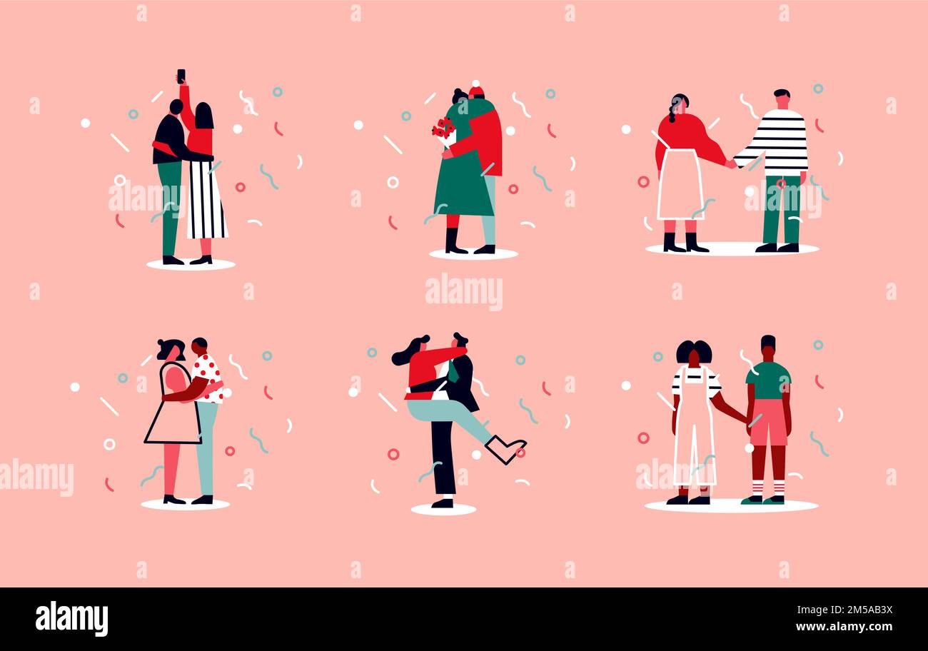 Diverse Valentinstag Paar Sammlung, rosa Menschen in der Liebe. Männer und Frauen Charaktere umarmen, Hände halten, Selfie nehmen. Stock Vektor