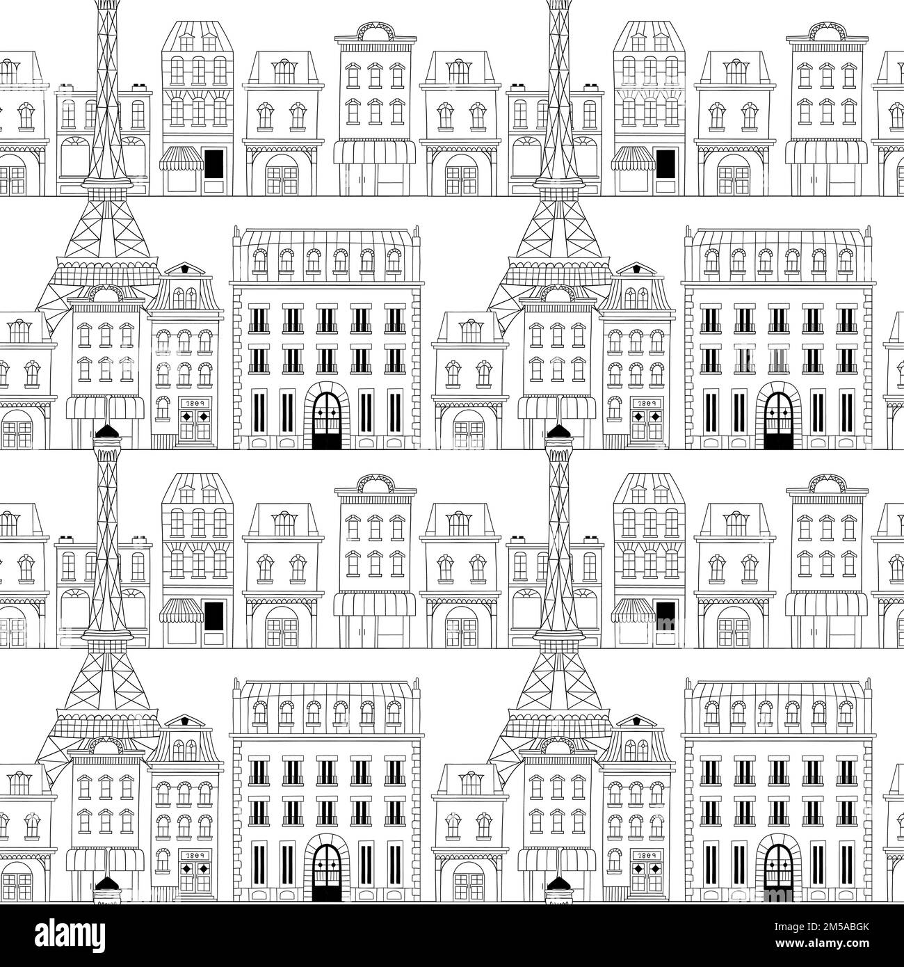 Paris Stadt Cartoon Doodle nahtlose Muster. Handgezeichnetes französisches Turmdenkmal mit niedlichem europäischen Stil Haus Hintergrund in schwarz und weiß. Stock Vektor