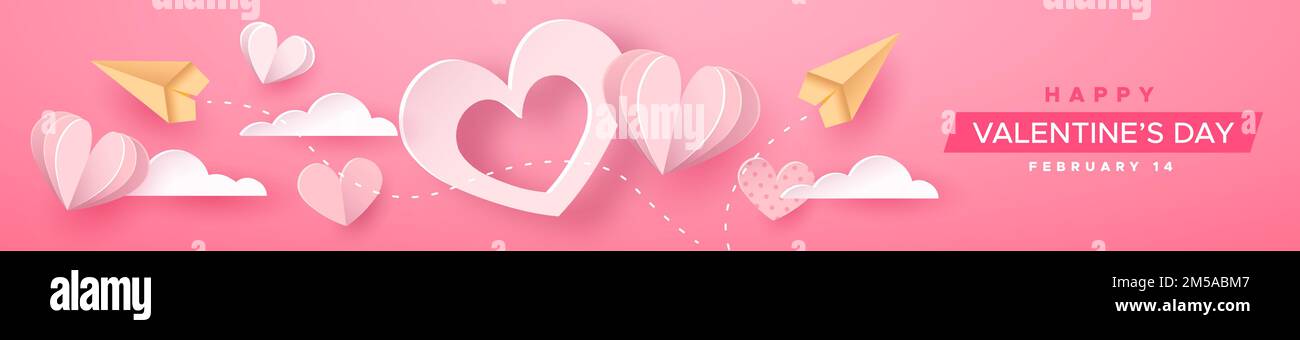 Happy Valentine's Day Papercut Web Banner Illustration. Rosa Herzdeko im realistischen 3D Papierhandwerk-Stil mit Flächen und Textzitat. Romantisches Wochenende Stock Vektor