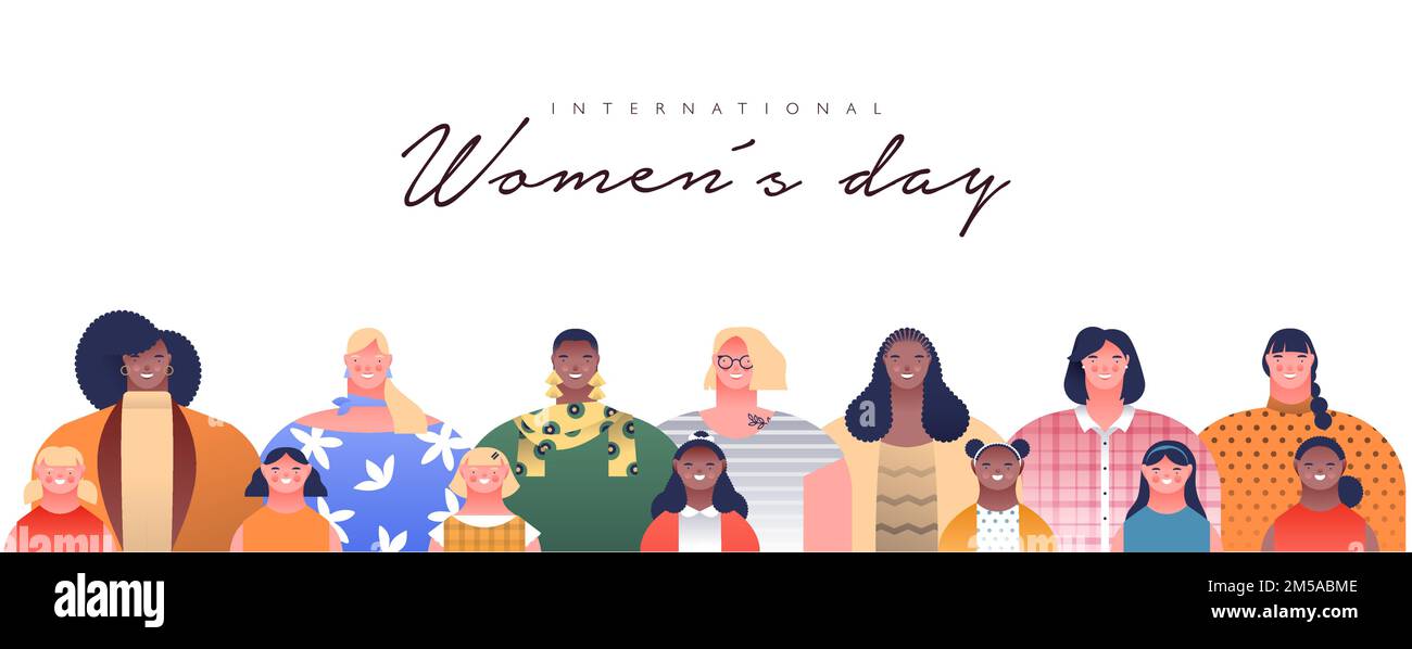 International Women's Day Banner Illustration von verschiedenen Frauen Mutterfiguren Mit Töchtern für besondere Frauenrechte Event-Feiertag oder feministisch nocken Stock Vektor