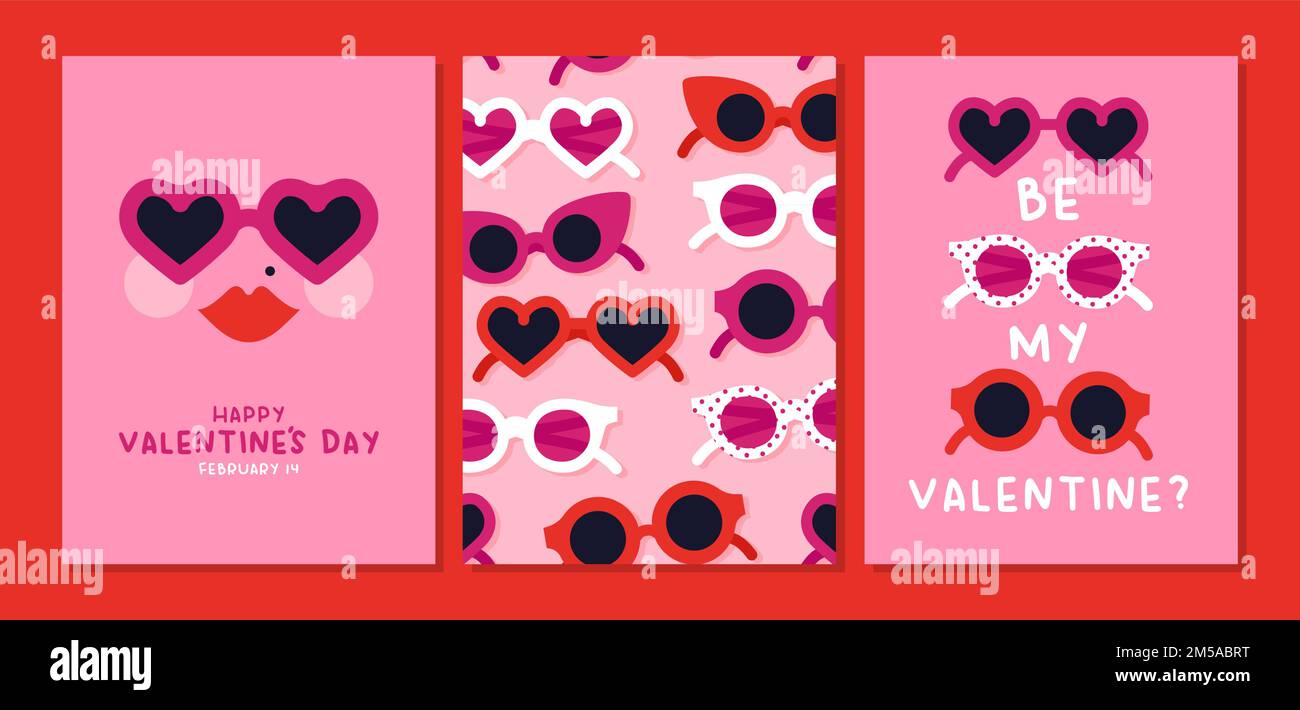 Alles Liebe zum Valentinstag Grußkarte Set. Nette herzförmige Sonnenbrille Frau mit Textzitat für Februar 14 Feiertagsereignis. Rosa romantische Karikatur, flach Stock Vektor