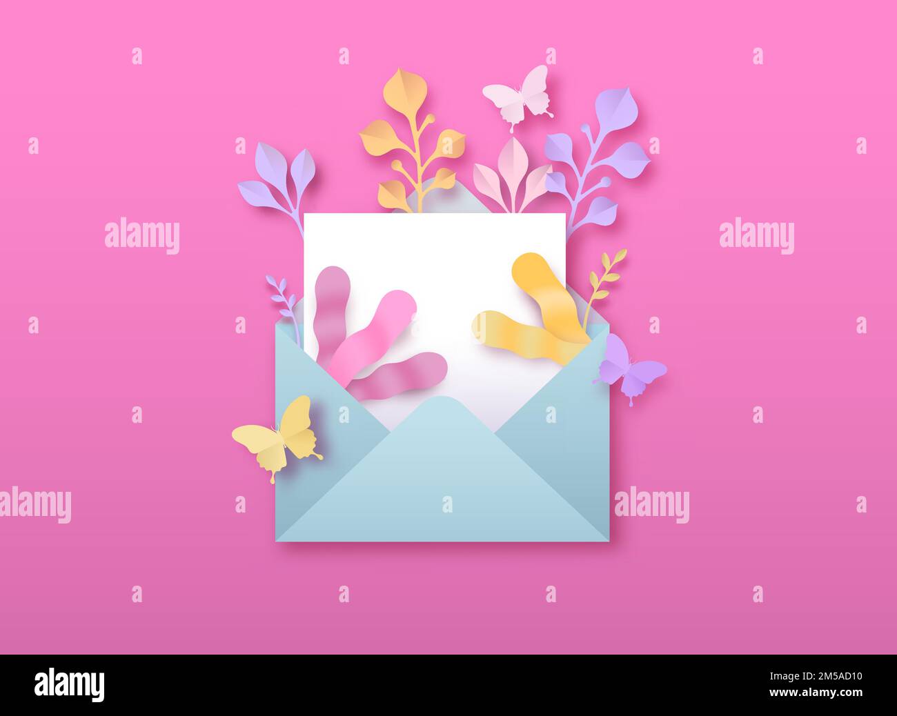 Offene Briefumschlagschablone mit 3D Papercut Natur Dekoration. Leeres weißes Papier Postkarte Anzeige, Schmetterling und Pflanzenblatt. Stock Vektor