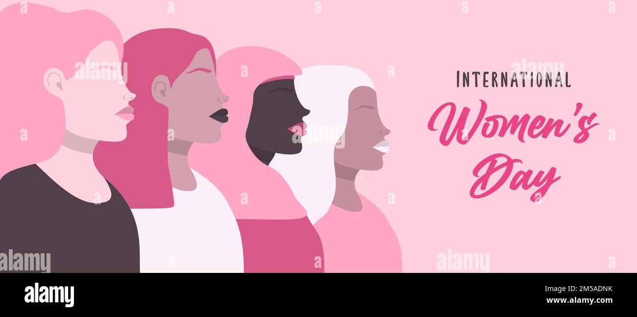 International Women's Day Banner Illustration von verschiedenen rosa Frauen stehen Gemeinsam für besondere Frauenrechte-Event-Feiertag oder feministische Kampagne desi Stock Vektor
