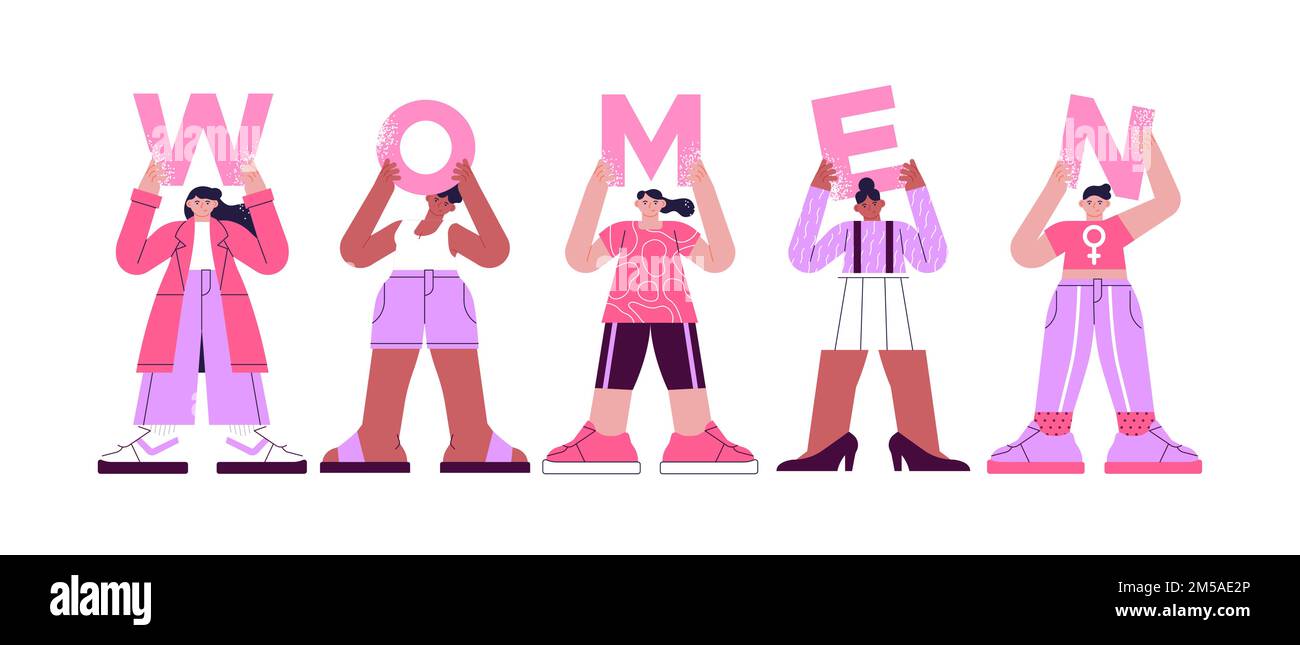 Diverse junge Frau Charaktere mit rosa Frauen Zeichen Buchstaben auf isoliertem Hintergrund. Moderne flache Cartoon Illustration Konzept für die Gleichstellung der Geschlechter oder Stock Vektor