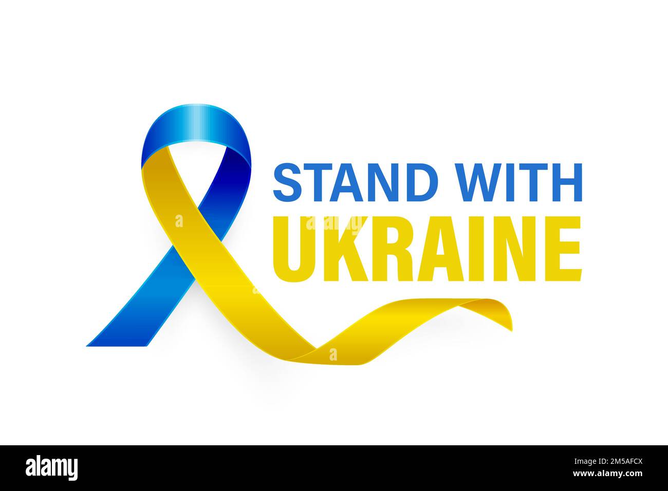 Stehen Sie auf der Seite der Ukraine. Anti-war-Ruf mit dem Friedenssymbol mit blauem und gelbem Seidenband auf weißem Hintergrund. Farben Der Ukrainischen Flagge. Kämpfen Stock Vektor