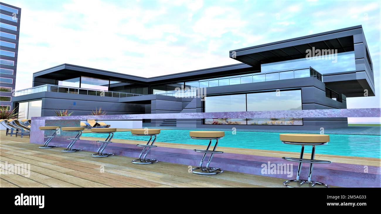 Niedrige Barhocker aus Stahl mit einem beigen Sitz auf einer Holzterrasse in der Nähe des Pools im Innenhof eines Luxusapartments. 3D-Rendering. Stockfoto