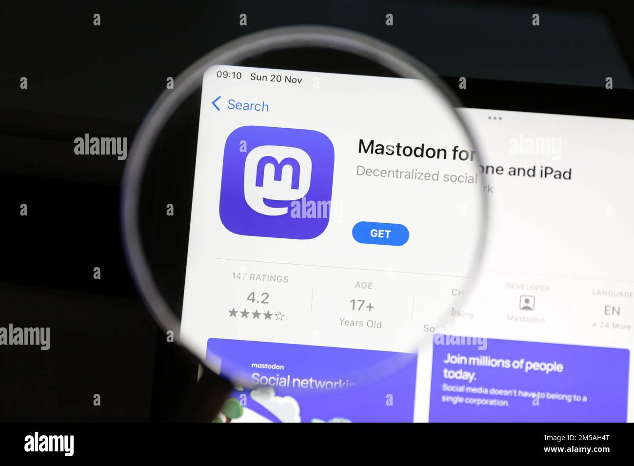 Ostersund, Schweden - 20. November 2022: Mastadon Social Network-App. Mastodon ist eine kostenlose Open-Source-Software für die Ausführung von Self-Hosted Social Networking ser Stockfoto