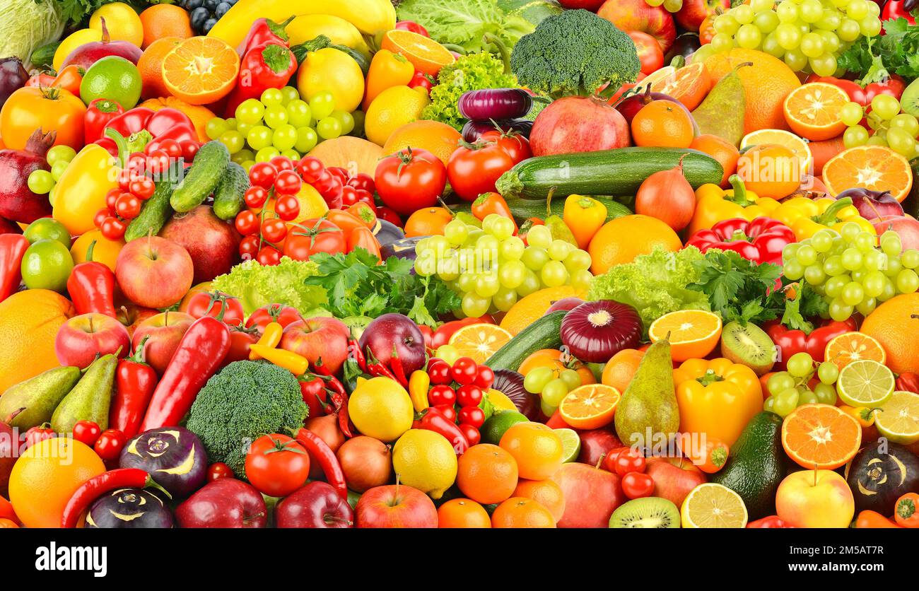 Großartiger Hintergrund für frisches und gesundes Obst und Gemüse. Stockfoto