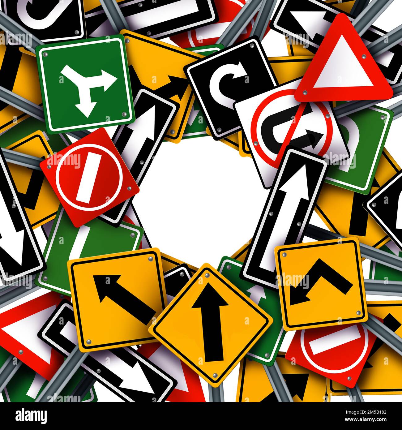 Weg und Weg geschäftliche Richtung oder Lebensweg Verwirrung als eine Gruppe von Verkehrszeichen, die eine verwirrte Strategie oder schwierige Entscheidungen darstellen Stockfoto
