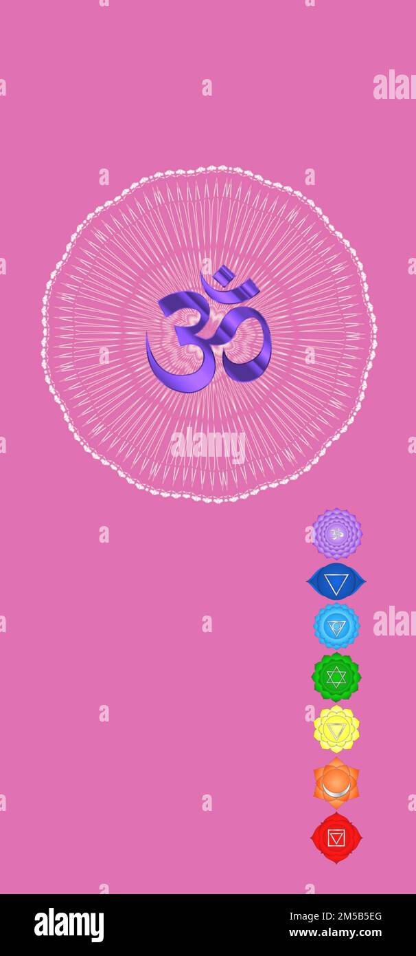Chakra-Symbole und heilige Geometriesymbole isoliert auf farbigem Hintergrund mit Kopierbereich für die Konstruktion Stockfoto