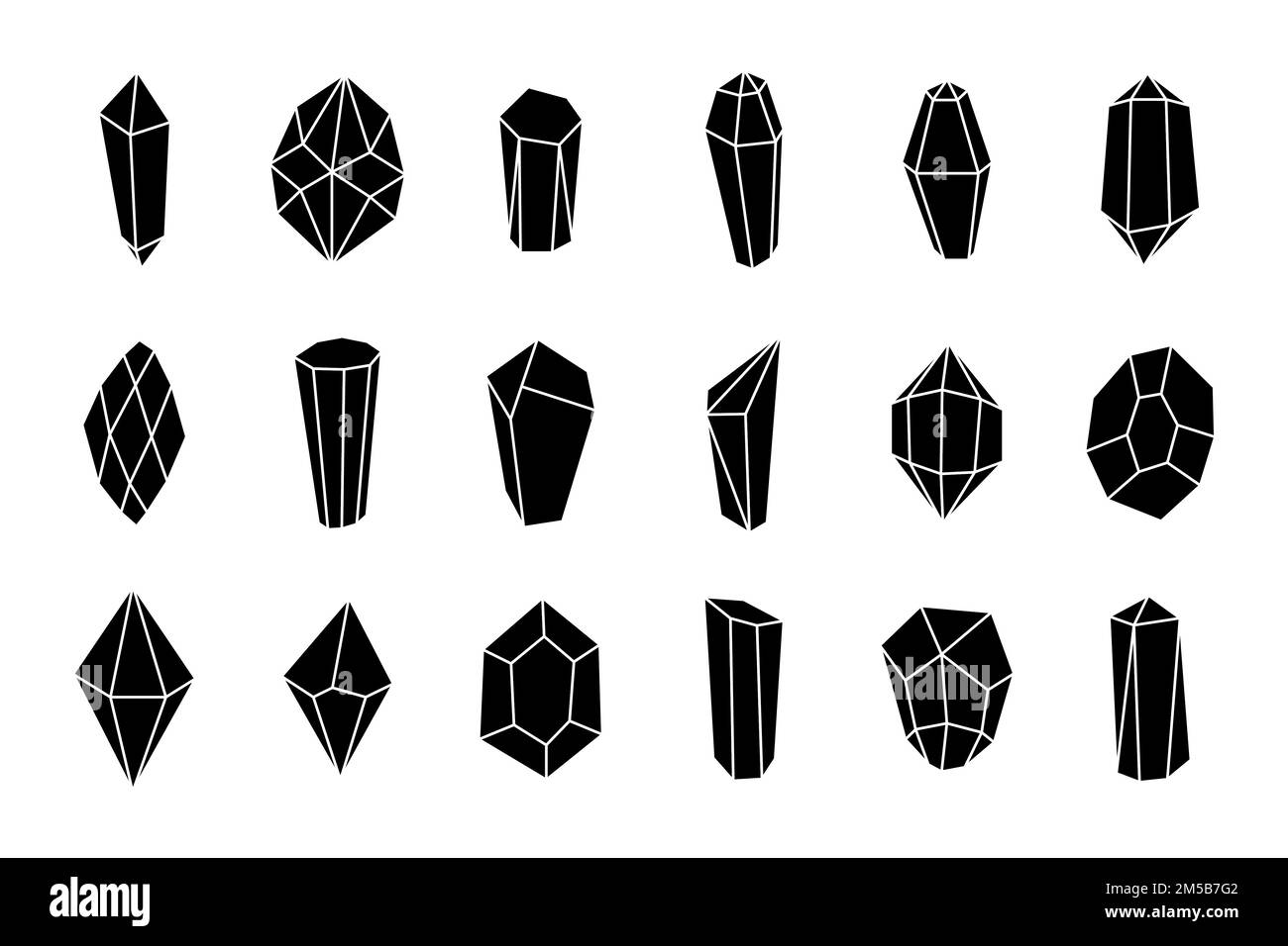 Schwarze Silhouette mit Kristallmineralien – Symbolset. Geometrische Edelsteinkollektion. Darstellung isolierter Konturen bei Schmuck und Diamanten Stock Vektor