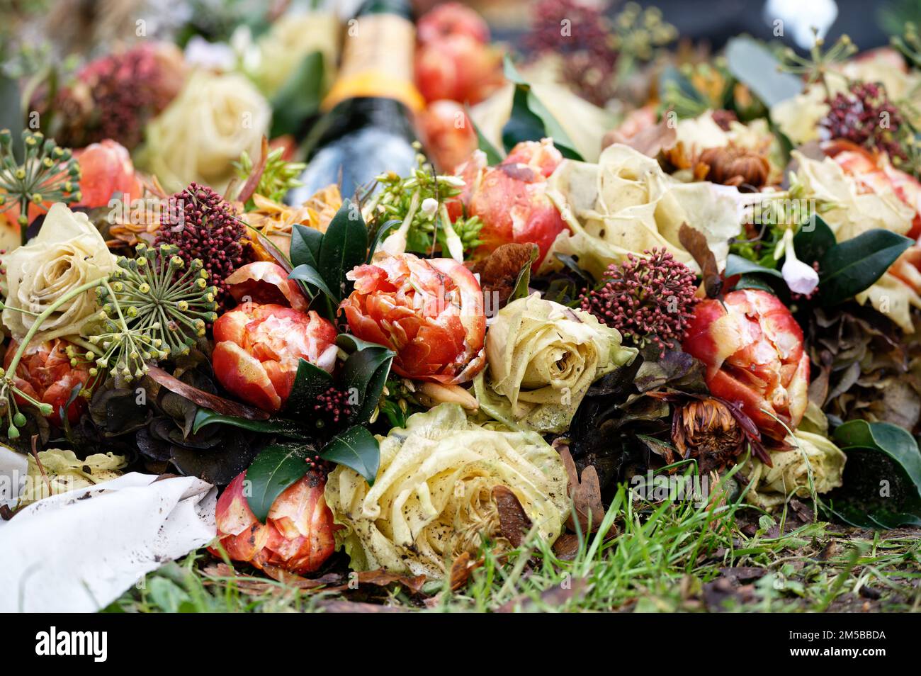 Verwelkte Pastellblumen auf einem Grab nach einer Beerdigung mit einer Champagnerflasche im verschwommenen Hintergrund Stockfoto