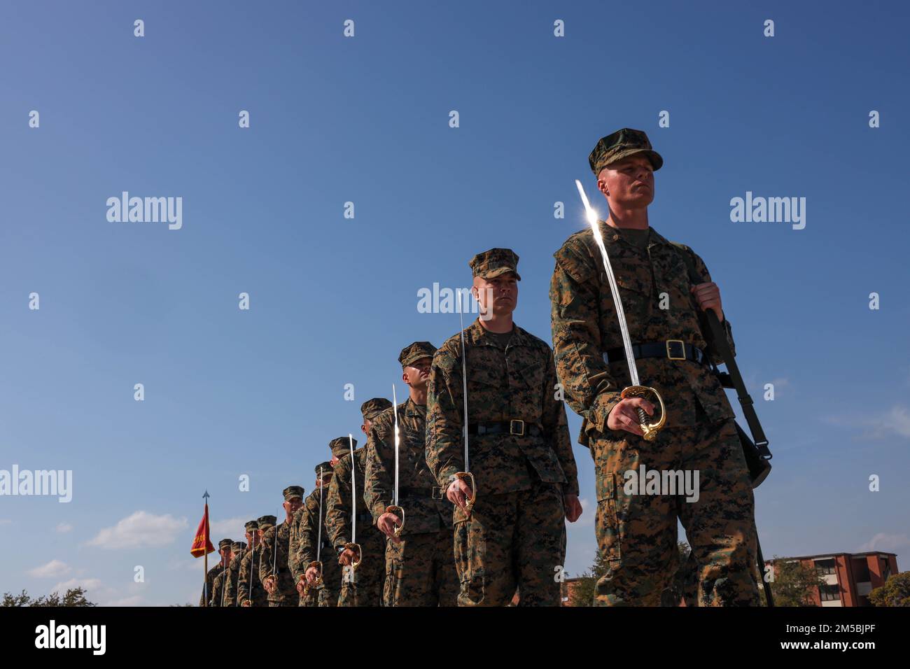 USA Marines mit der Drill Instructor School, Recruit Training Regiment, führen und werden in naher Reihenfolge an Bord des Marine Corps Recruit Depot Parris Island, S.C. am 23. Februar 2022 bewertet. Enge Ordnung ist eine Grundlage für Disziplin und Esprit de Corps im United States Marine Corps. Darüber hinaus ist es eine der ältesten Methoden zur Entwicklung von Vertrauen und Truppenführungskapazitäten in den unterstellten Führern einer Marinekorps-Einheit. Stockfoto