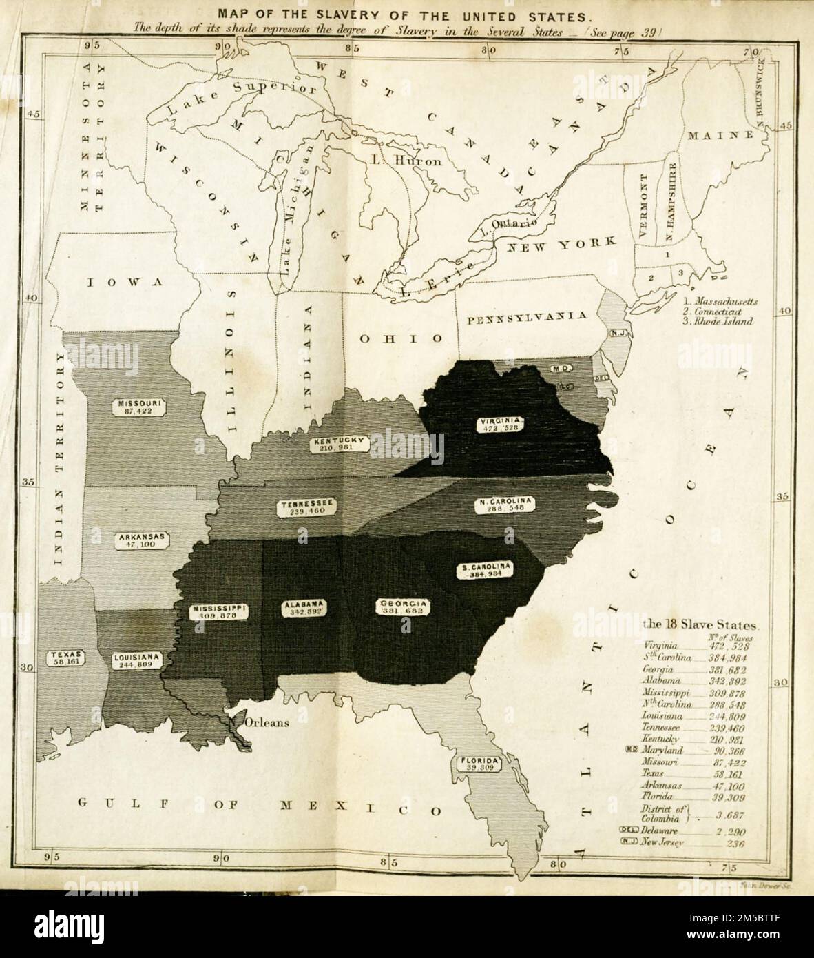 Karte mit der Anzahl der Sklaven in den südlichen Bundesstaaten der USA, 1854. Der englische Arzt Marshall Hall (1790-1857) und sein Sohn reisten 1854 durch die Vereinigten Staaten, Kanada und Kuba. Er veröffentlichte einen Bericht über seine Erfahrungen und Beobachtungen als die Sklaverei der Vereinigten Staaten; mit einem Projekt der Selbstemanzipation im Jahr 1854.; das Frontispiece zeigt eine Karte der Staaten mit der Anzahl der Sklaven in jedem - die dunklere Schattierung zeigt die größere Anzahl der Sklaven an. Stockfoto