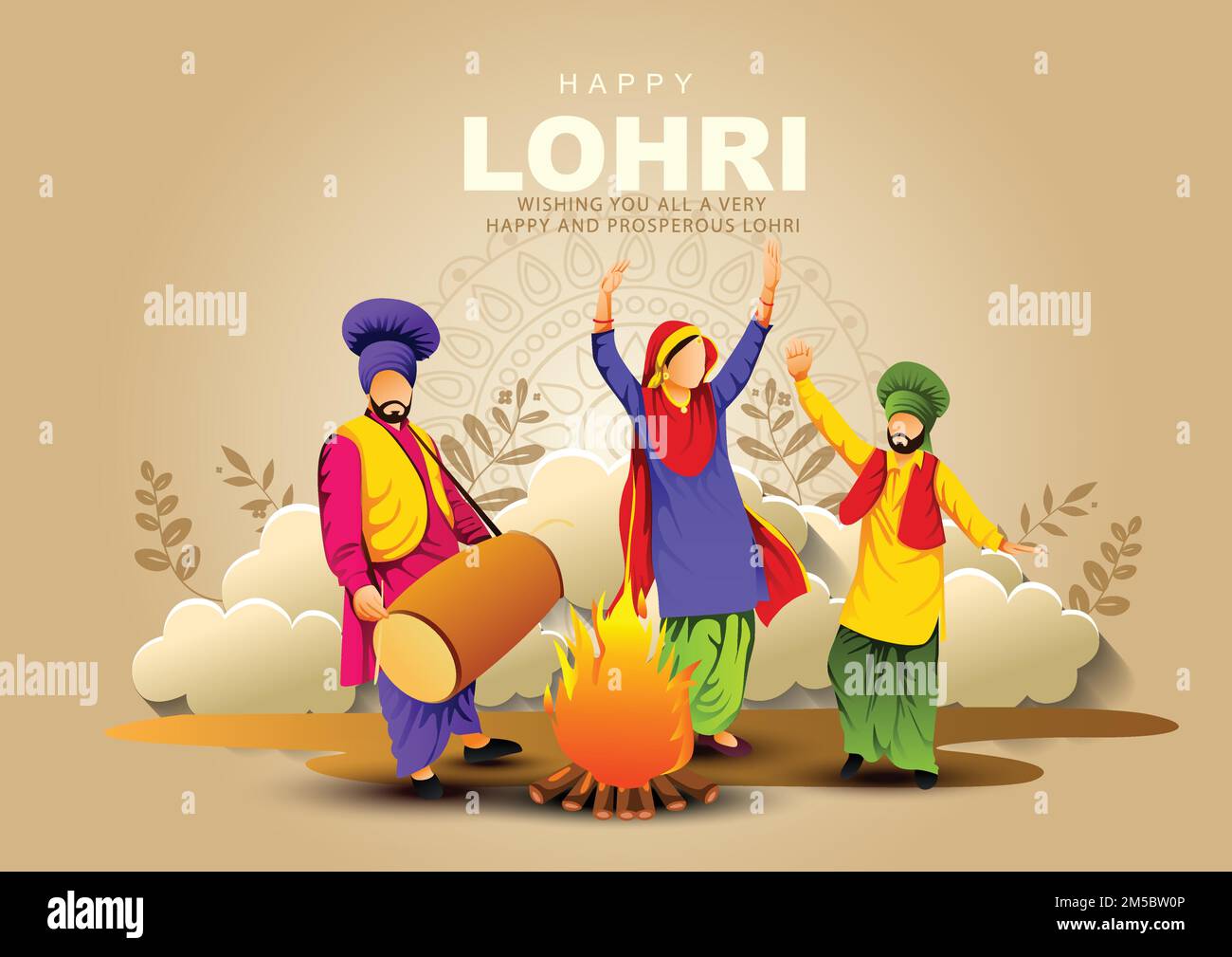 Happy Lohri Festival of Punjab India Background. Eine Gruppe von Leuten, die lohri-Tanz spielen. bannerdesign mit vektordarstellung Stock Vektor