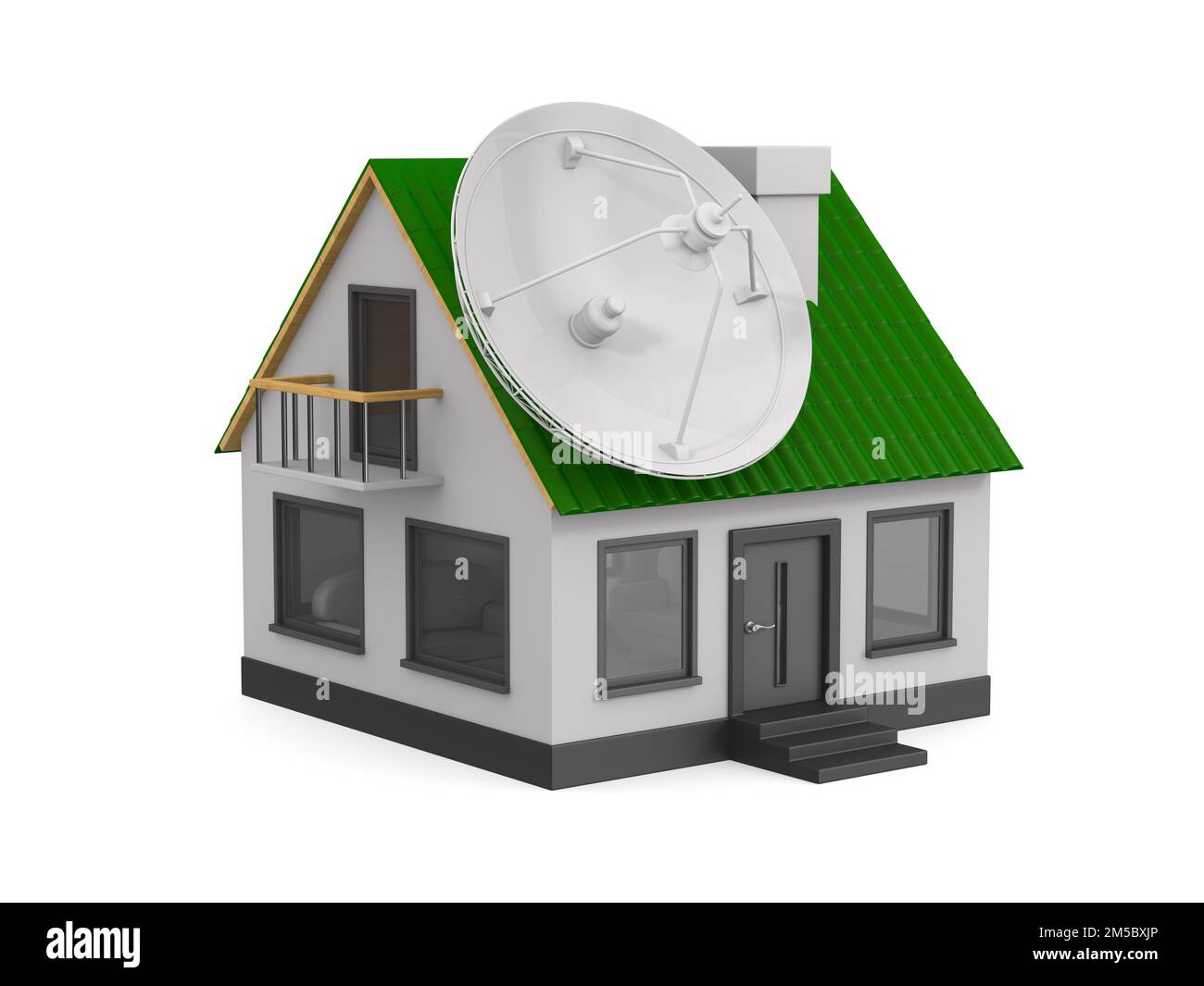 Haus und Satellitenschüssel auf weißem Hintergrund. Isolierte 3D-Abbildung Stockfoto