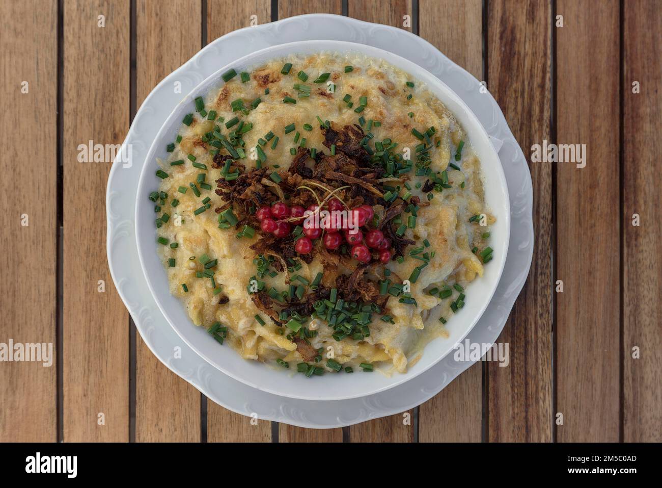 Kaesspaetzle dekoriert mit Johannisbeeren, Farnken, Bayern, Deutschland Stockfoto