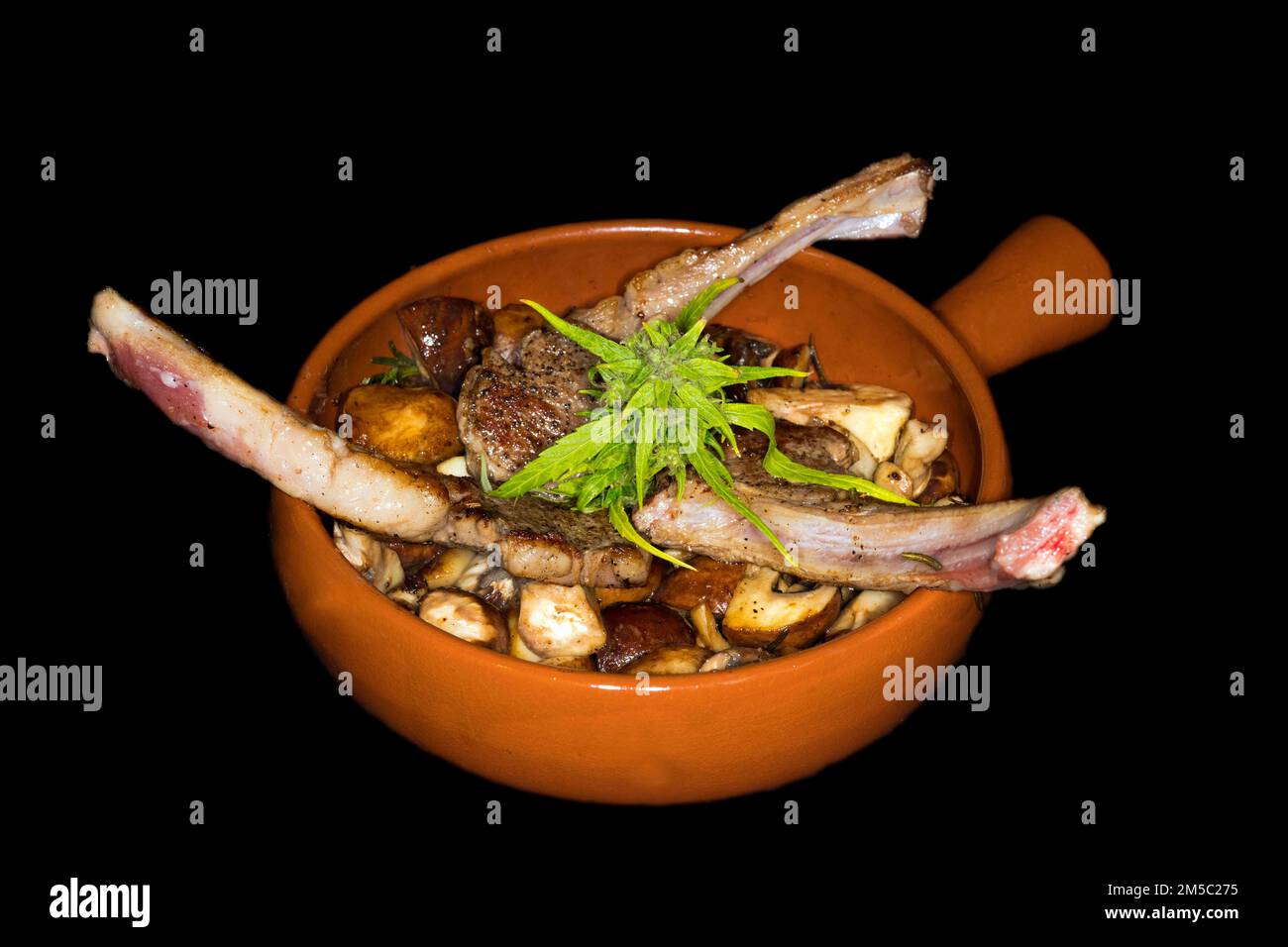 Drei gegrillte Lammkoteletts auf gerösteten Austernpilzen (Agaricus) (SYN. : Psalliota), in einer spanischen feuerfesten Keramikschüssel (Cazuela), Lebensmittelfotografie Stockfoto