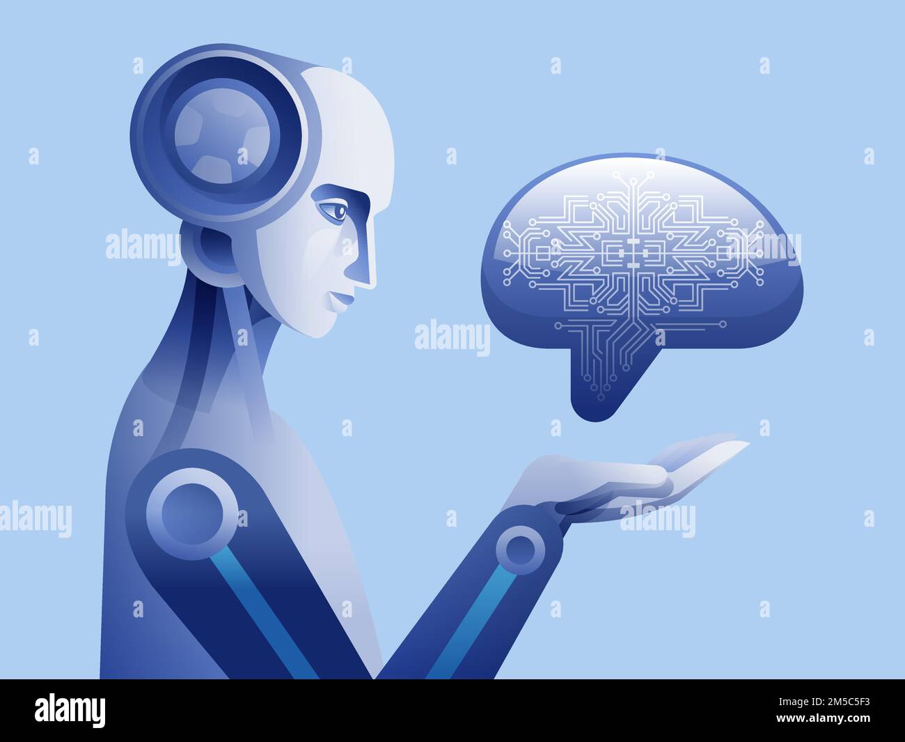 Roboter berührt digitales menschliches Gehirn mit Zell- und Neuronenaktivität. Darstellung des Robotervektors. Automatisierungstechnologie. Stock Vektor