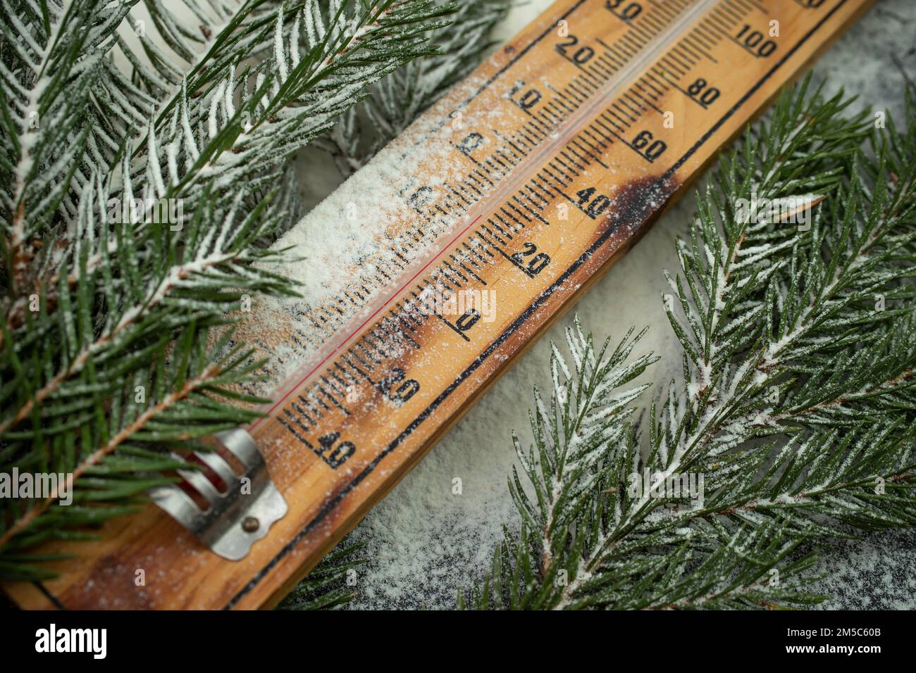 Holzthermometer neben Tannenzweigen bei Temperaturen unter Null Stockfoto