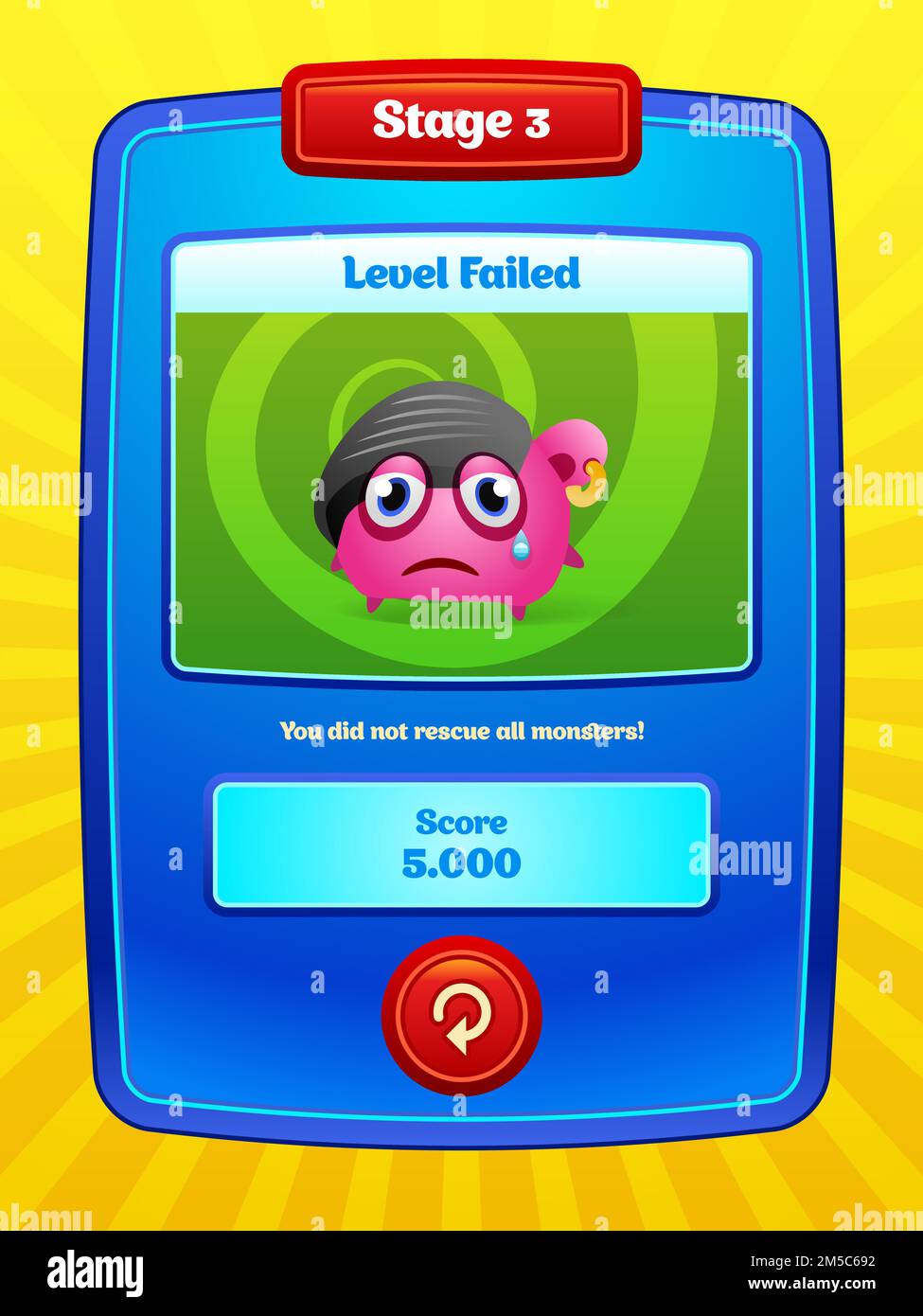 SpielUI. Spieldesign für die Benutzeroberfläche. Bildschirm Level failed (Stufe fehlgeschlagen