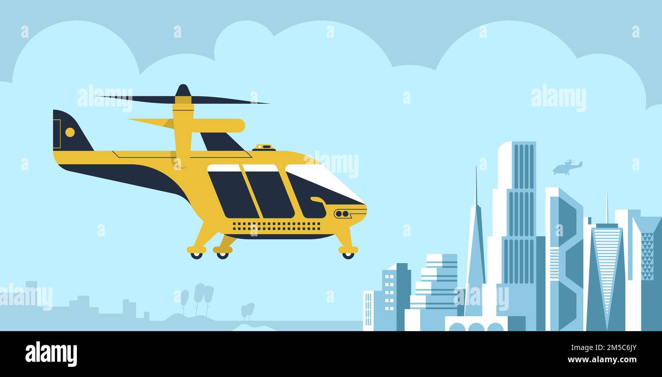Drohne oder Passagier-Quadcopter. Fliegendes futuristisches Rotorfahrzeug. Modernes unbemanntes Elektroflugzeug oder automatisierter Quadrotor im städtischen Hintergrund. Stock Vektor