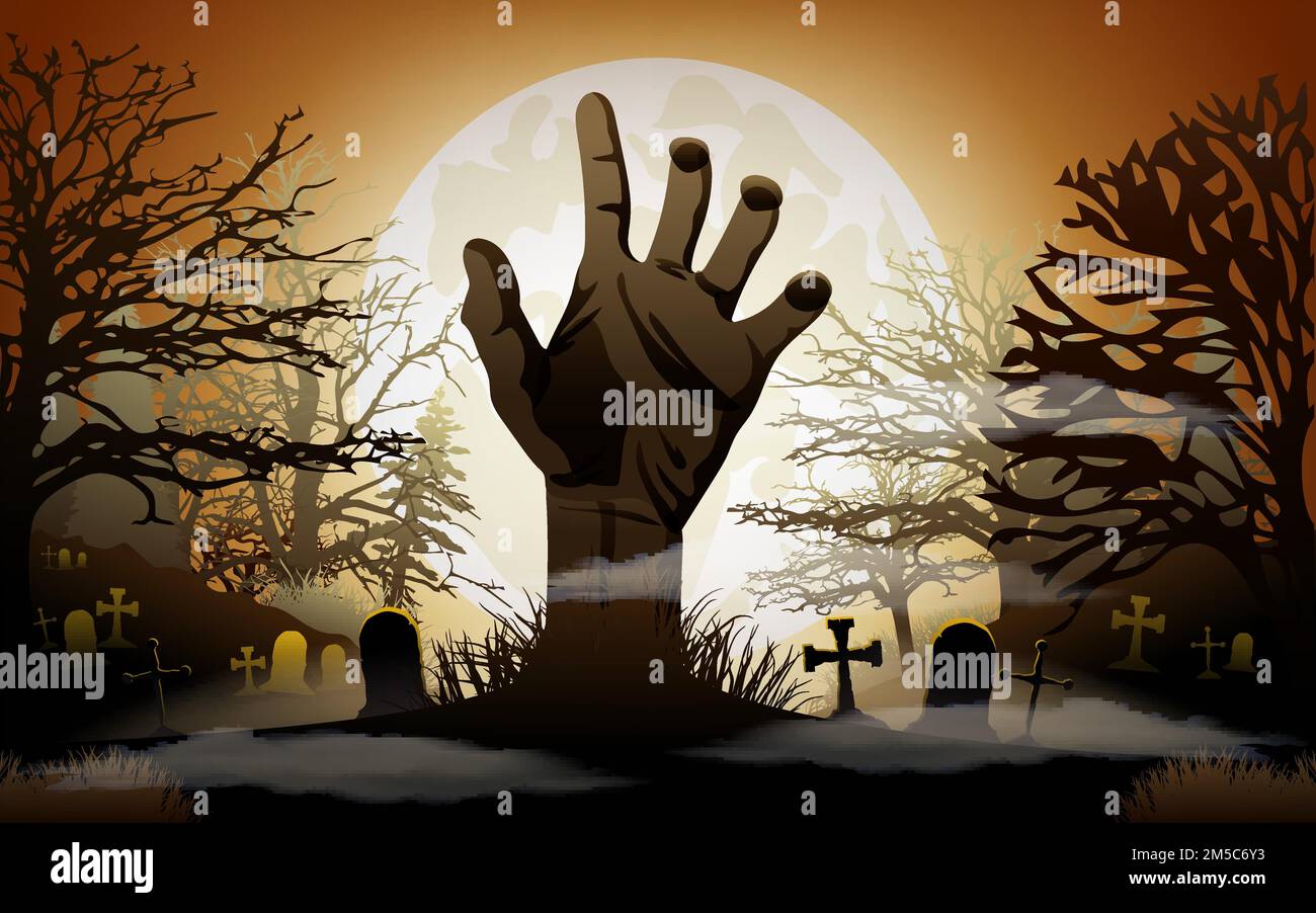 Halloween-Hintergrund. Die Zombie-Hand erhebt sich aus dem Boden. Vektordarstellung Stock Vektor