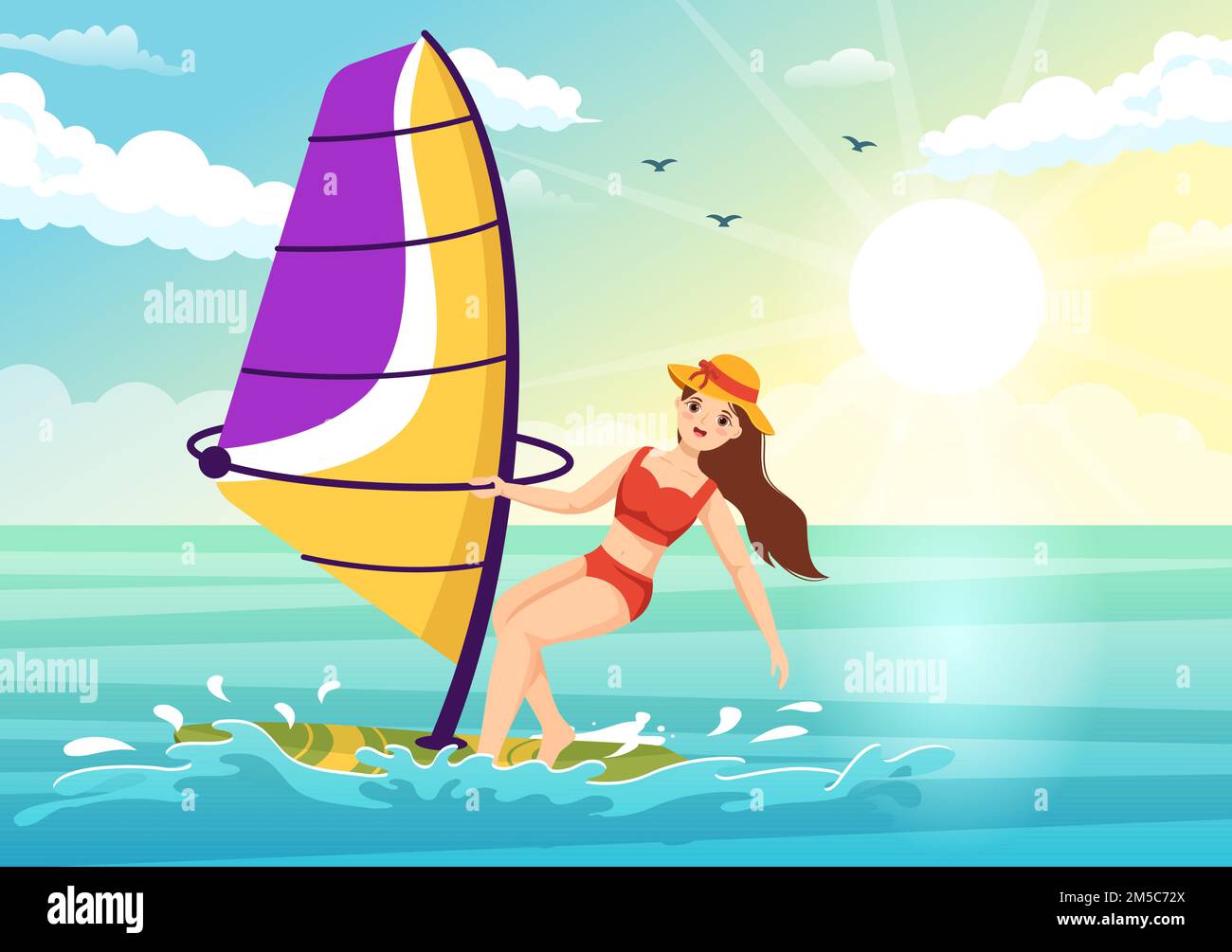 Windsurfen mit der Person, die auf dem Segelboot steht und die Segel hält, in extremen Wassersportarten flache Cartoon Handgemalte Vorlagen Illustration Stock Vektor