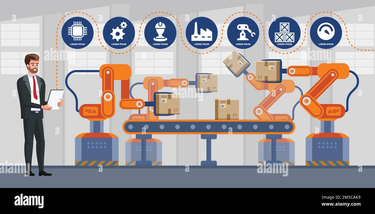 Geschäftsmann, der ein Tablet zur Steuerung von Roboterarmmaschinen in intelligenten Fabriken verwendet. Infografiken zu Industrie 4,0. Vektordarstellung Stock Vektor