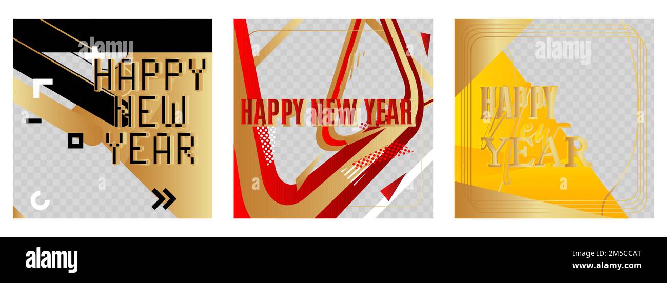 Luxuriöses Deluxe-Posterset „Happy New Year“ mit Vektorgrafiken. Abstrakte elegante Veranstaltungsvorlage für Website, Banner, Buchumschlag, Präsentation. Stock Vektor