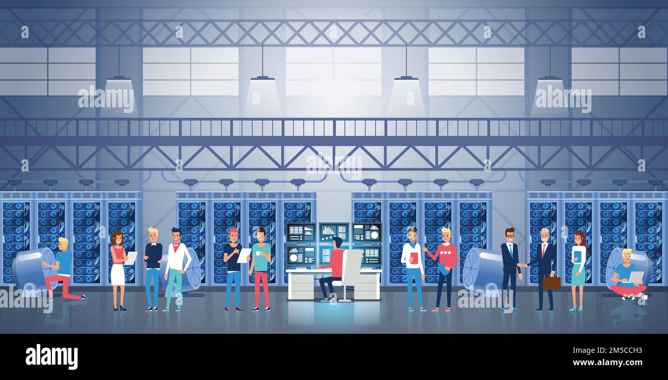 Mining Bitcoin Konzept. Leute, die in einer Kryptowährungs-Bergbaufarm arbeiten. Host-Server-Computer-Datenbank Mit Überwachungsinformationen Stock Vektor
